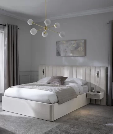 Splash Upholstered Ottoman Bed with Bedside Tables and Built-In Lights