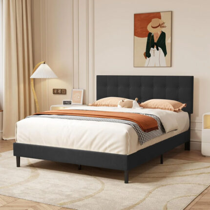 Button Tufted Linen Bed with Upholstered Headboard