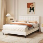 Button Tufted Linen Bed with Upholstered Headboard