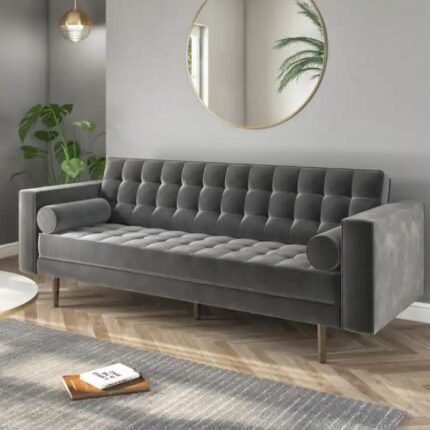 Kivona Mid-Century Grey Velvet Sofa Set